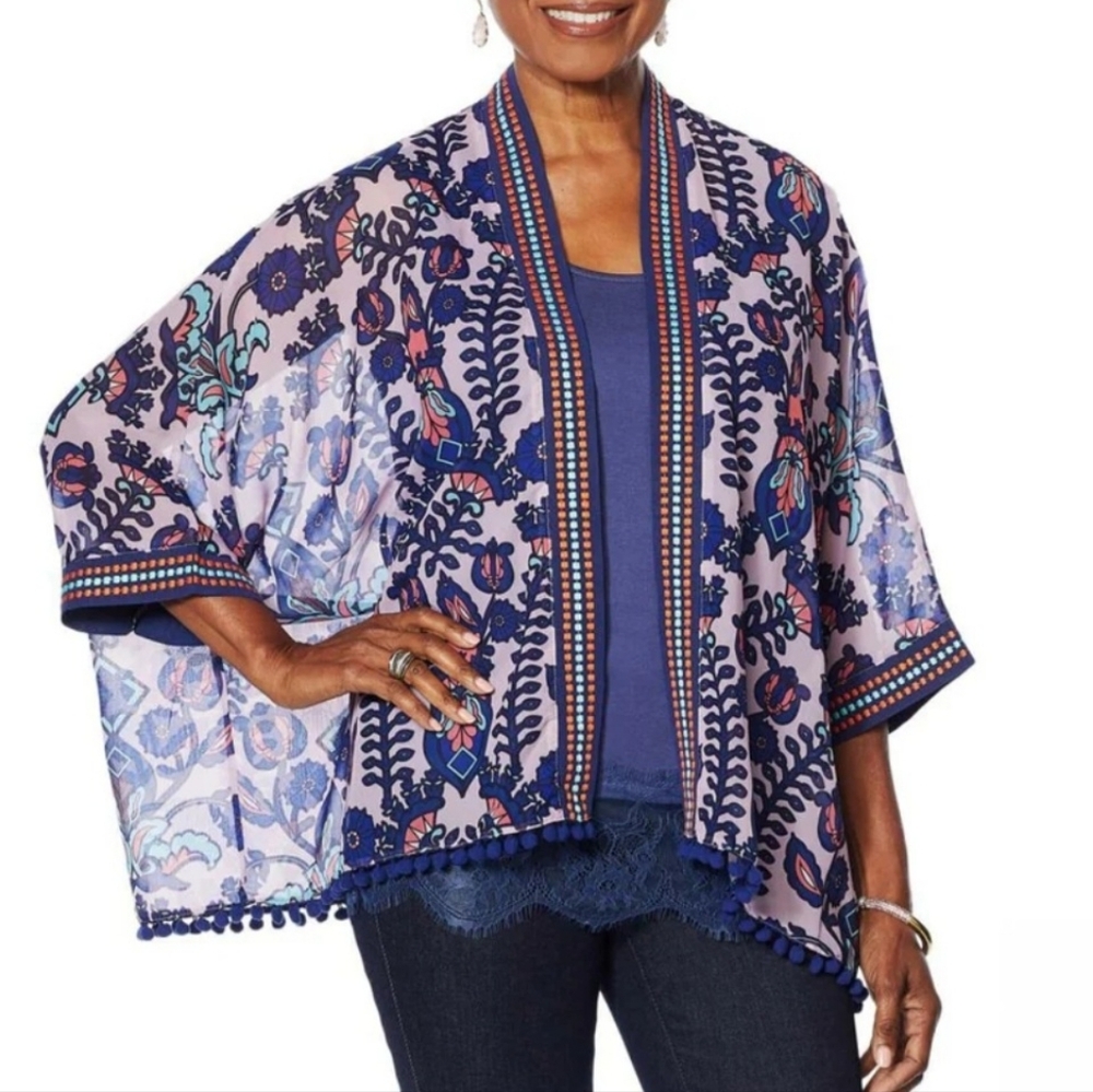 Colleen Lopez Women's Embroidered Kimono Topper With Pompom Trim